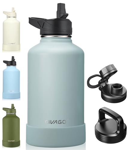 CIVAGO 64 oz Insulated Water Bottle With Straw, Half Gallon Stainless Steel Sports Water Flask Jug with 3 Lids (Straw, Spout and Handle Lid), Large Metal Thermal Cup Mug, Sage