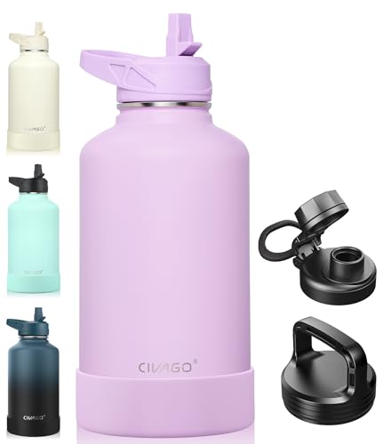 CIVAGO 64 oz Insulated Water Bottle With Straw, Half Gallon Stainless Steel Sports Water Flask Jug with 3 Lids (Straw, Spout and Handle Lid), Large Metal Thermal Cup Mug, Lavender