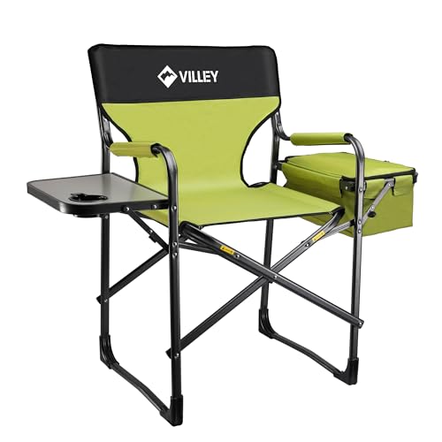 VILLEY Heavy Duty Directors Chair, Folding Camping Chairs, with Cooler Bag Portable Foldable Chair, for Camp Tailgating Lawn Picnic Fishing Beach, Supports 400 LBS, Green