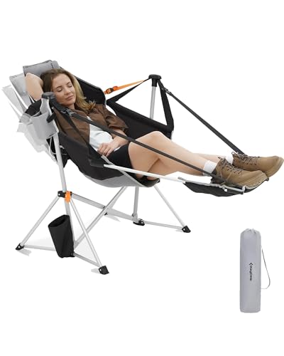 KingCamp Hammock Chair with Footrest, Swinging Portable Folding Camping Chairs for Adults 400lbs Heavy Duty Foldable Oversized Rocker with Cup Holder Pillow for Outdoor Beach Patio Sport Lawn