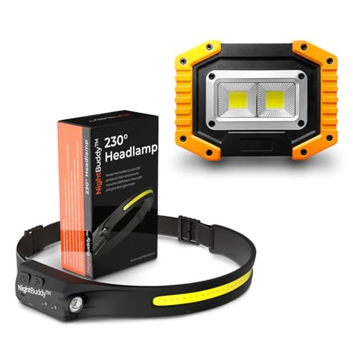 NightBuddy Original LED Headlamp Rechargeable Flashlight Adults Camping Essentials Backpacking Lights 4X Brighter Headband Lamp 5 Light Modes Hiking Gear Must Haves (Headlamp + Floodlight)