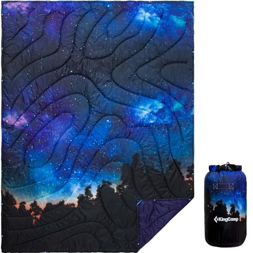 KingCamp Ultralight Camping Blanket, Packable Down Alternative Puffy Printed Wearable Blanket with Snap Buttons & Corner Loops Weatherproof Quilt for Outdoor Travel Stadium (79"L x 57"W, STARRYSKY)