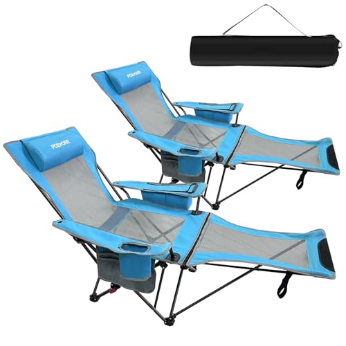 2-Pack Reclining Camping Chair 4 Position with Foot Rest Comfortable for Adults 265Ibs Folding Lounger Mesh Beach Chair with Cooler Bag and Cup Holder for Outdoor Patio