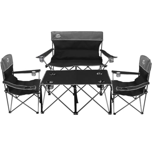 Oversized 4 Pcs Camping Chair Set with Table,Outdoor Folding Heavy Duty Lawn Chair,Cup Holder,Portable,Loveseat Chair Perfect for Family Hiking,Picnics and Beach Trips,Black