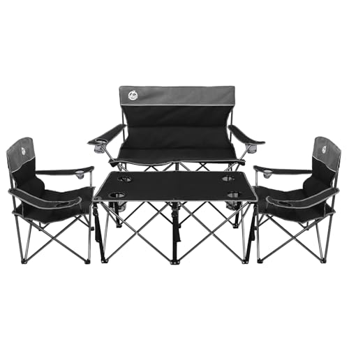 Northroad Folding Camping Chair Set of 4, Portable Collapsible Conversation Set w/1 Sofa, 2 Single Chairs, 1 Table for Family Patio, Outdoor Travel,Beach(Black)
