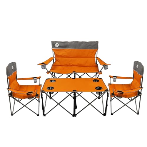 Folding Camping Chair Set of 4, Portable Collapsible Conversation Set w/1 Sofa, 2 Single Chairs, 1 Table for Family Patio, Outdoor Travel, Beach(Orange)