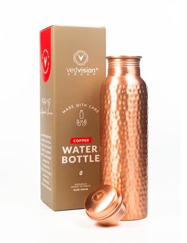 Copper Water Bottle - 32 Oz Pure Copper Water Bottle for Drinking Hammered Finish Design - Leak-Proof, Travel-Friendly, Wide Mouth