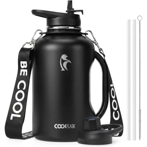 Coolflask Half Gallon Water Bottle with Handle, 64 oz Insulated Stainless Steel Water Jug Metal Double-Walled Vacuum Large Flask With Strap Straw Leakproof, Keep Cold 48 Hrs Hot 24hrs, Magic Black