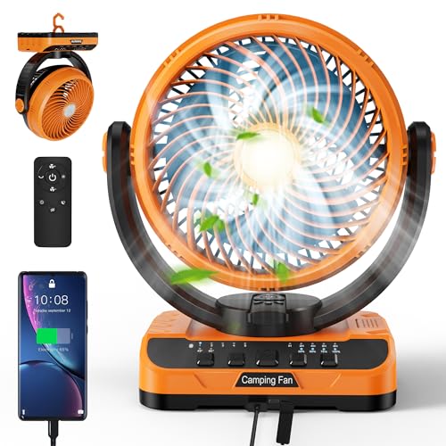 40000mAh Battery Operated Camping Fan - 136H Max Cooling, Rechargeable Battery Powered Oscillating Floor Fan with Charger, Remote & Hook, Portable for Tent Outdoor Patio Garage Hurricane Power Outage