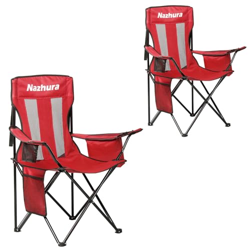 Nazhura 2 Pack Outdoor Camping Chairs Folding/Foldable/Portable with Cooler Pouch, Mesh Backrest and Cup Holder Pocket(Red, 2 Pack)