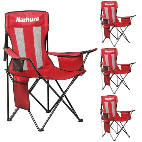 Nazhura 4 Pack Outdoor Camping Chairs Folding/Foldable/Portable with Cooler Pouch, Mesh Backrest and Cup Holder Pocket (Red, 4 Pack)