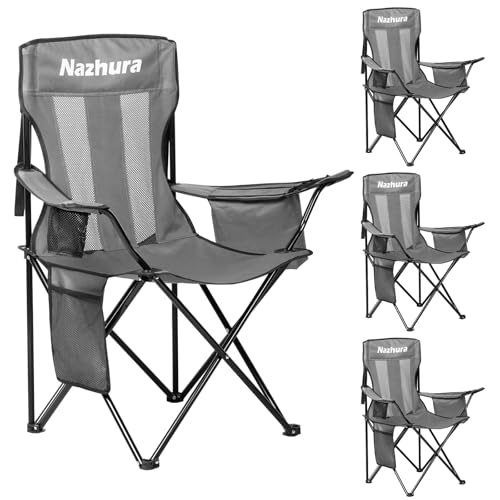 Nazhura 4 Pack Outdoor Camping Chairs Folding/Foldable/Portable with Cooler Pouch, Mesh Backrest and Cup Holder Pocket (Grey, 4 Pack)