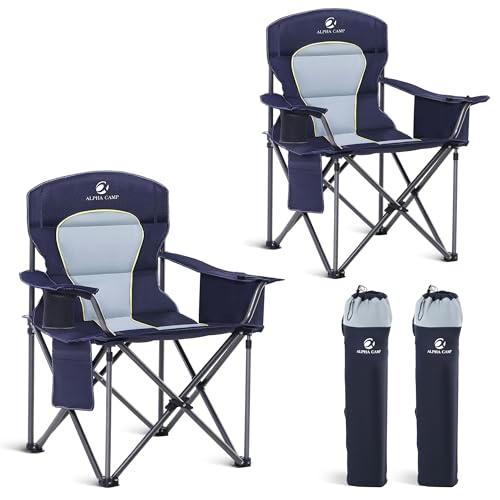 LET'S CAMP Oversized Folding Camping Chair Portable Outdoor Heavy Duty Padded Chairs Lawn Chair with Cup Holder, Storage Pocket and Cooler Bag, Supports 450LBS, for Camp, Travel, Picnic,2 Pack(Blue)