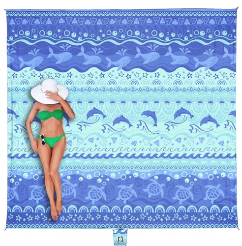 WEKAPO Beach Blanket Waterproof Sandproof Oversized Extra Large Sand Free Beach Mat with Stakes, Storage Bag - Essentials for Outdoor Beach, Picnic (Bohemian Sealife, 11 X 9 FT (1~10 Person))