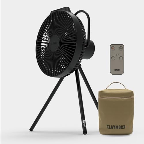 Claymore V1040 Black Rechargeable Portable Fan  10,400mAh Power Bank Function Remote Control 4-Speed Quiet BLDC Air Circulator USB-C Charging 23 Hrs Runtime for Camping, Indoor, Outdoor