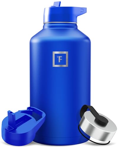 IRON FLASK Camping & Hiking Hydration Flask with 3 Lids - Stainless Steel, Double Walled & Vacuum Insulated Water Bottle - Leak Proof & BPA Free (Cobalt, Straw - 64 oz)