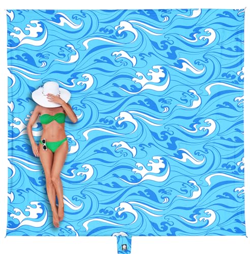WEKAPO Beach Blanket Waterproof Sandproof Oversized Extra Large Sand Free Beach Mat with Stakes, Storage Bag - Essentials for Outdoor Beach, Picnic (Blue Ocean Waves, 11 X 9 FT (1~10 Person))