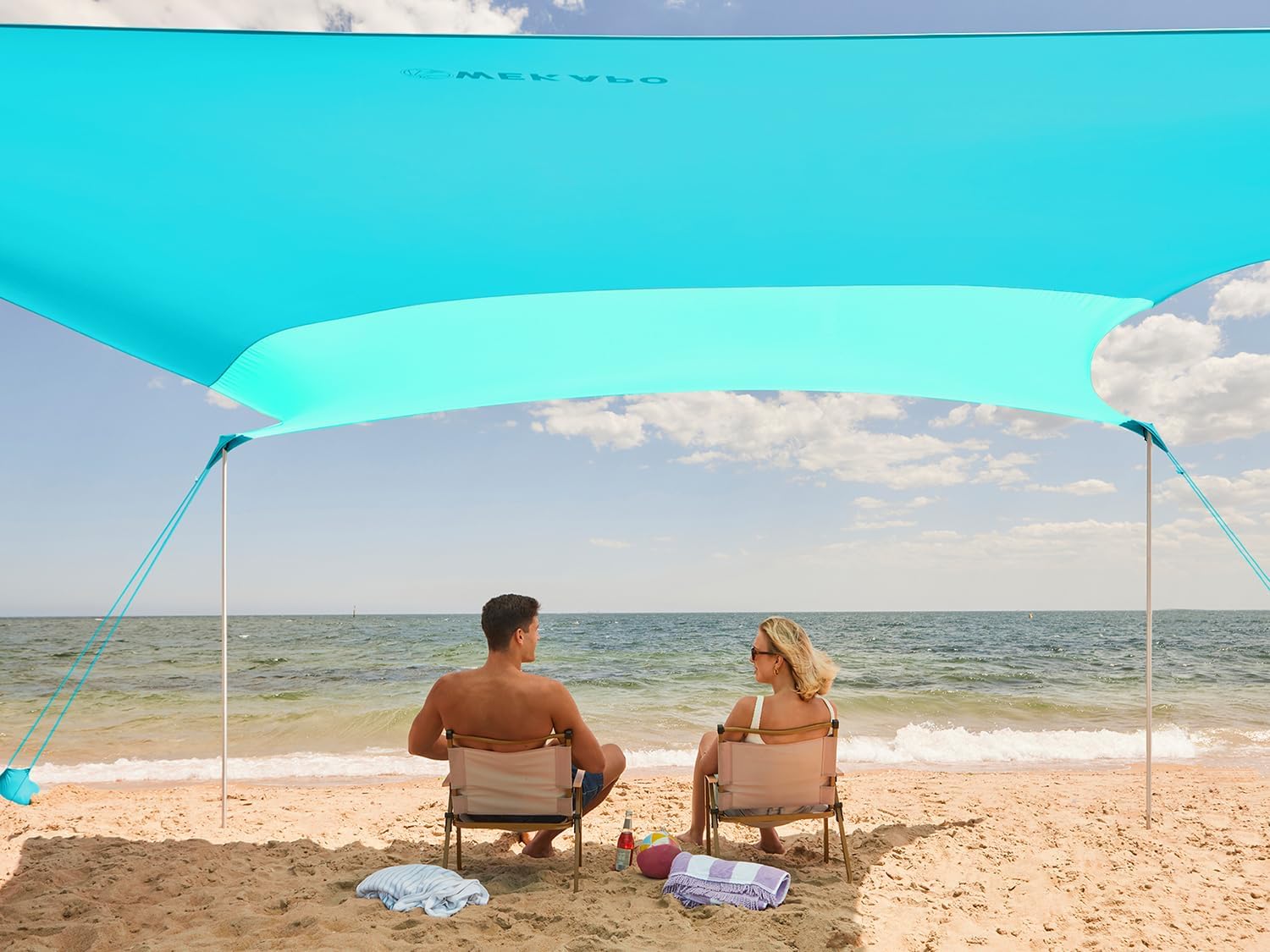 WEKAPO Beach Shade Canopy, 7x7 FT Beach Tent Sun Shelter with 4 Poles, Large Sand Shovel and Ground Pegs, UPF 50+ Outdoor Shade for Camping Trips, Fishing (Turquoise, 7x7 FT 4 Pole)