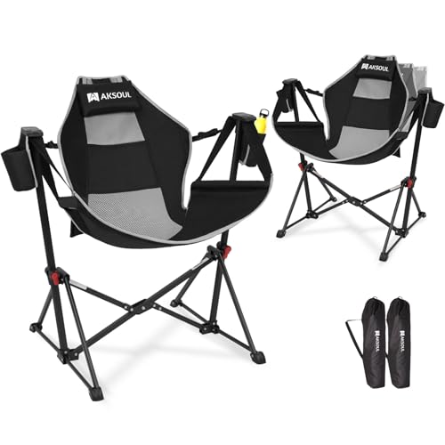 AKSOUL Hammock Camping Chair Swinging: Aluminum Alloy Adjustable Back Swinging Chair, Folding Rocking Chair with Pillow Cup Holder, Recliner for Outdoor Travel Sports Games Lawn Concerts Backyard