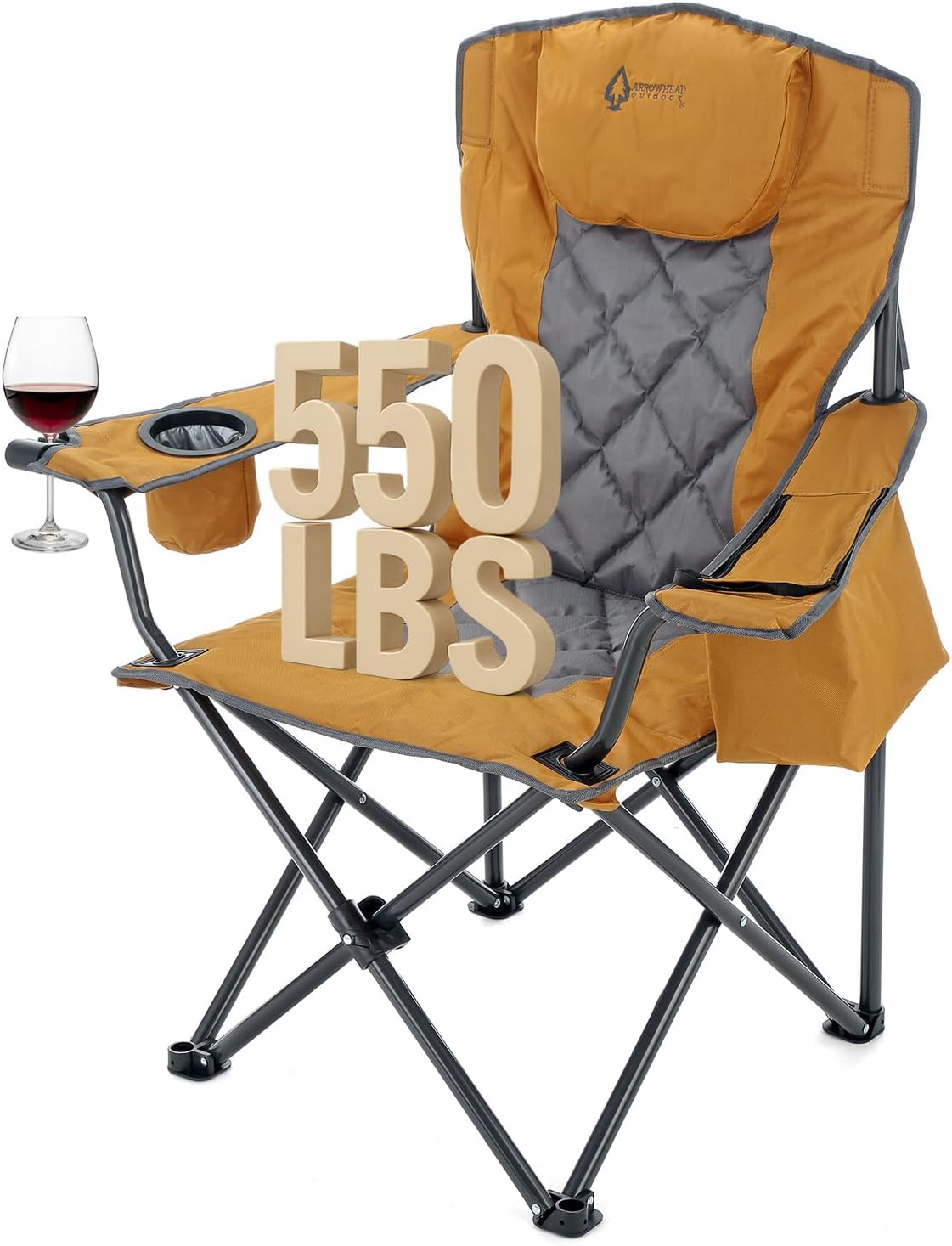 ARROWHEAD OUTDOOR Portable Deluxe Folding Camp Quad Chair w/Headrest, Glass & Cup Holders, Armest 6-can Cooler, Heavy Duty Carry Bag, 550 lbs Weight Capacity