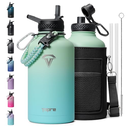 Insulated Water Bottle 64oz,Half Gallon Water Flask Stainless Steel Vacuum, Cold for 48 Hrs,BPA-Free & Leakproof -with Paracord Handle, Strap,Straw Spout Lids,Large Jug for Gym Sports,Green