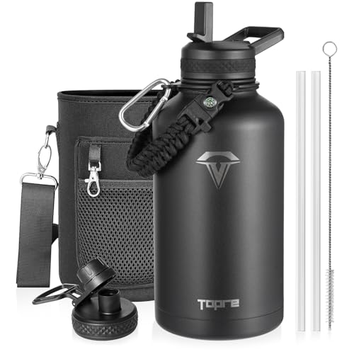 64oz Insulated Water Bottle,Half Gallon Water Flask Stainless Steel Vacuum, Cold for 48 Hrs,BPA-Free & Leakproof -with Paracord Handle,Strap,Straw Spout Lids,Large Jug for Gym Sports,Black