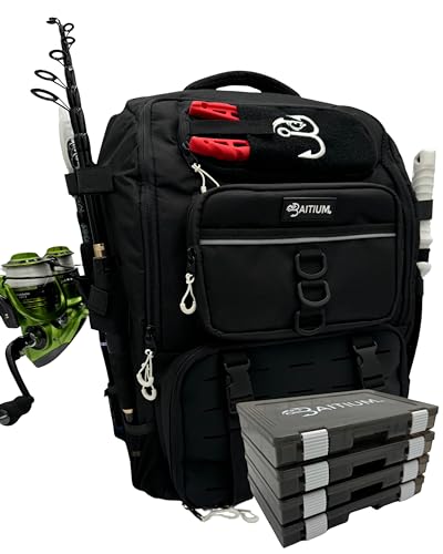 Baitium Fishing Backpack, Tackle Bag With Rod Holders, 40L Capacity With Cooler, Rain Cover, Insulated Pocket, 4 Tackle Trays Included (Jet Black)