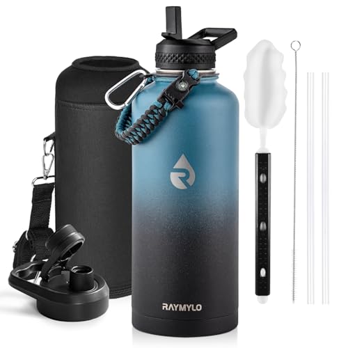 Insulated Water Bottle 87 oz, Triple Wall Vacuum Stainless Steel (Cold for 48 Hrs), Leak Proof & Non-BPA, Modern Water Flask Jug with Paracord Handle & Straw Spout Lids, Indigo/Black