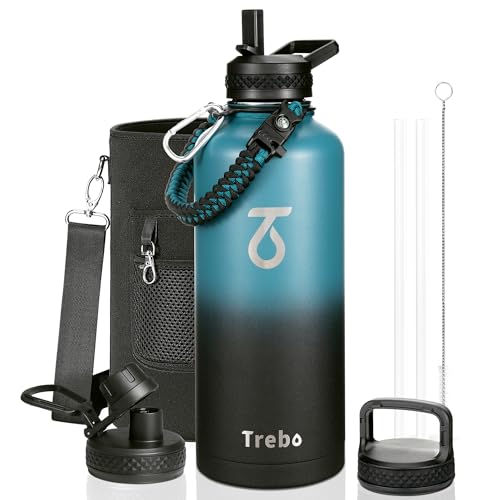Trebo Water Bottle Insulation 87 oz, Vacuum Stainless Steel Water Jug (Keep Cold for 48 Hrs), LeakProof & Non-BPA, Water Flask with Paracord Handle & Straw Spout Lids, Indigo/Black