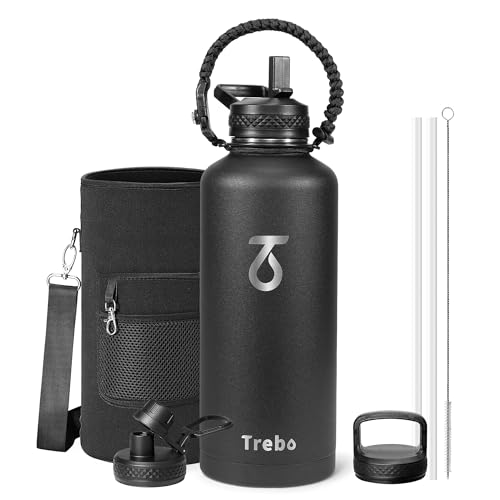 Trebo Water Bottle 87 oz with Paracord Handle, Double Wall Vacuum Stainless Steel Insulated Water Jug (Keep Cold 48hrs),Leakproof Flask For Hot Drinks with Straw Spout Lids, Black