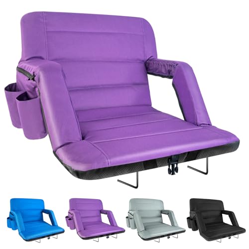 Stadium Seats with Back Support Wide, Exclusive Bleacher Chairs with Back and Cushion Folding Stadium Chairs, 6 Reclining Positions Waterproof Bleacher Seats with 2Hooks (Wide|22.5" Purple)