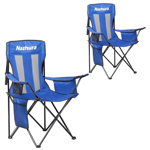 Nazhura 2 Pack Outdoor Camping Chairs Folding/Foldable/Portable with Cooler Pouch, Mesh Backrest and Cup Holder Pocket (Blue, 2 Pack)