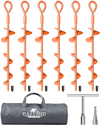Eazy2hD 6 Pack Tent Stakes Heavy Duty, 15 Inch Ground Anchors Screw in, Metal High Winds Trampoline Stake with Nut and Tool, Spiral Anchor Kit for Camping, Shed, Swing Set, Canopy, Car Ports