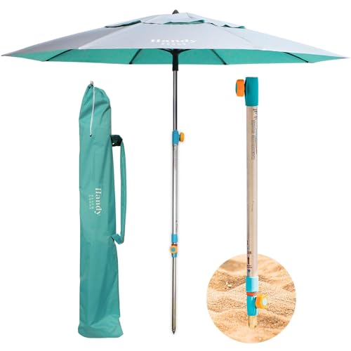 Handy Beach Umbrella & Anchor System, Large 7ft Silver Coated UPF 55 Canopy, 10 Second Installation, Wind Resistant, Durable, Lightweight, Comfortable Dual Pocket Bag Included