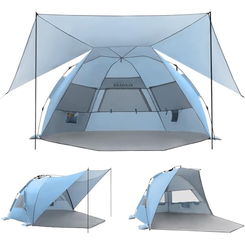 Elegear Beach Tent with Canopy, 1-Second Setup Pop Up Sun Shelter Shade, UPF 50+ UV Protection Silver-Coated Lightweight Portable Beach Cabana