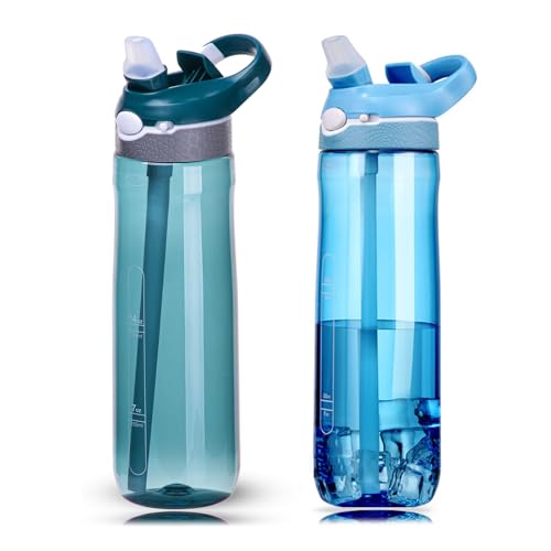 DEARART 2-Pack 24oz Light Blue & Dark Cyan Water Bottles With Straw, Leakproof BPA FREE Hidden Nozzle, Flip Up Lid Has Handle Wide Bottle Easy Clear, Suit Office Outdoor Sports Travel Gym.