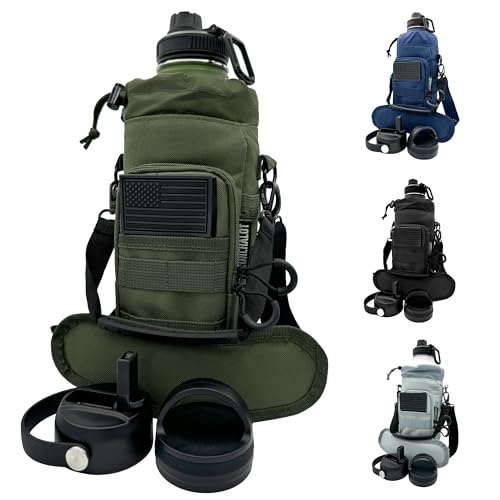 Half Gallon Water Bottle Jug - 84 Oz Insulated Stainless Steel Metal Water Jug with Holder - Carrying Bag - Spout Handle - Straw Lids - Keep Cold & Hot - Green Tactical Flask