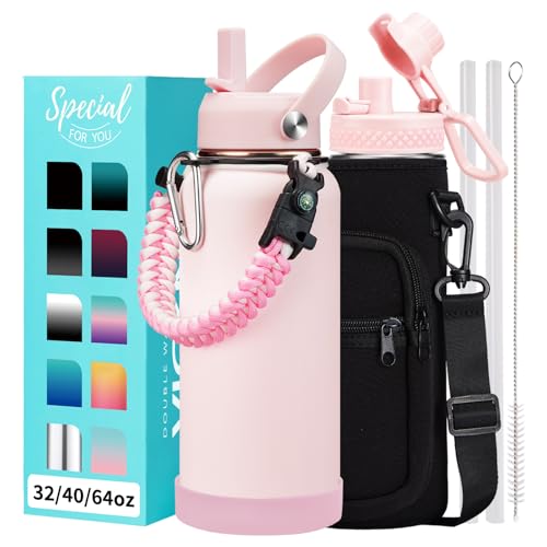 32/40/64 OZ Water Bottle with Straw - Spout Lid, Kepp Cold-48H Hot-24H, Insulated Water Bottles with Strap Carrier Bag, Paracord Handle, Protective Boot, Leakproof Metal