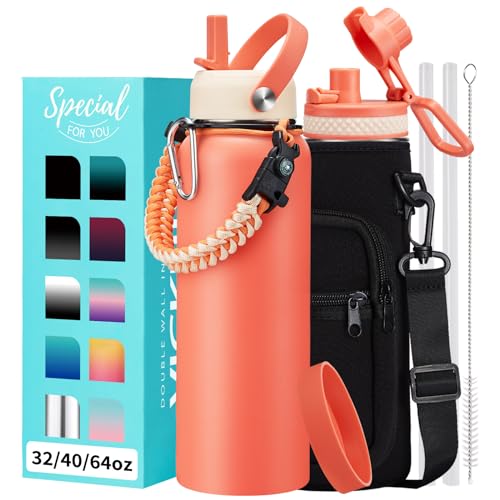 40 oz Insulated Water Bottle - (Cold 48H) Metal Water Jug with Straw & Auto Spout Lids, Leak Proof Coldest Stainless Steel Flask with Carrying Pouch, Paracord Handle for Gym Hiking Work, Coral Orange