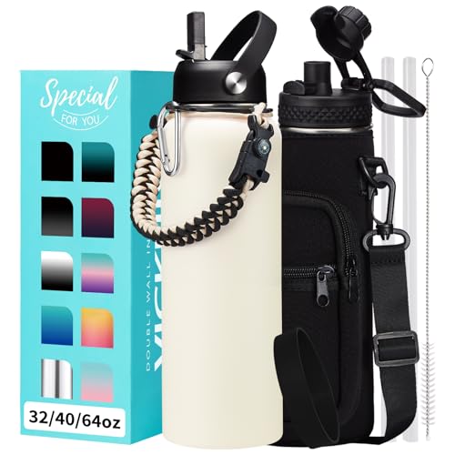 40oz Insulated Water Bottle with Straw - Pop-up Chug Lid (Cold-48H Hot-24H) Stainless Steel Water Bottles Sweat Proof, Metal Hydro Thermo Jug w/Strap Carrier Bag, Paracord Handle, Cream White