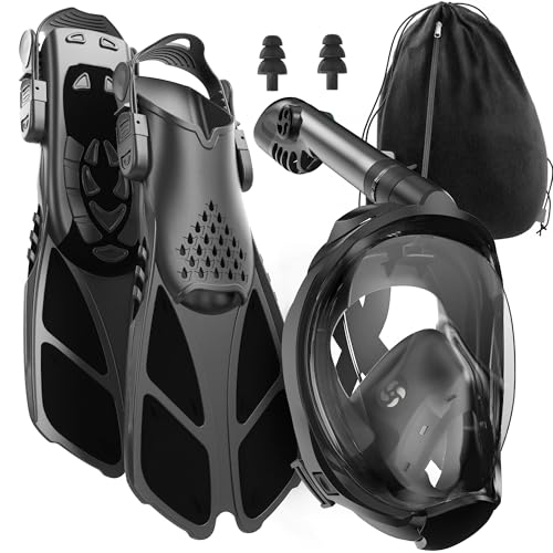 COZIA DESIGN Snorkeling Gear for Adults with Fins - Full Face Snorkel Mask and Swim Fins, 180 Panoramic View Snorkel Mask, Anti Fog and Anti Leak Adult Snorkel Set