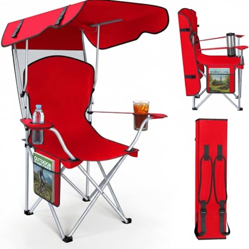 Portable Folding Camping Chairs with Canopy Shade, Beach Chair for Adults, Durable Weather Resistant 600D Oxford Cloth, Camping Chair with Canopy for Outdoors [Red]