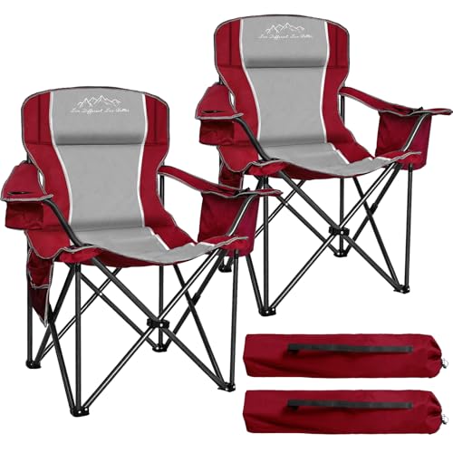 2PCS Folding Camping Chair Portable Outdoor Heavy Duty Padded Chairs Lawn Chair with Cup Holder, Storage Pocket and Cooler Bag, Supports 450LBS Red