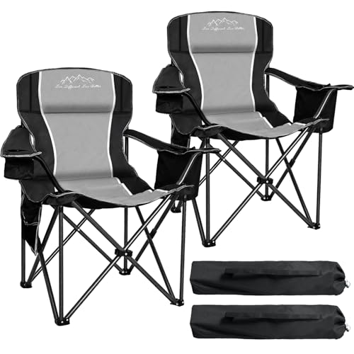 2PCS Folding Camping Chair Portable Outdoor Heavy Duty Padded Chairs Lawn Chair with Cup Holder, Storage Pocket and Cooler Bag, Supports 450LBS Black
