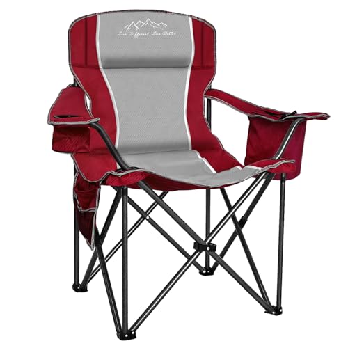 Folding Camping Chair Portable Outdoor Heavy Duty Padded Chairs Lawn Chair with Cup Holder, Storage Pocket and Cooler Bag, Supports 450LBS Red
