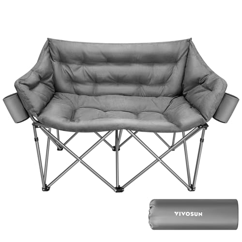 VIVOSUN Double Camping Chair, Fully Padded Folding Loveseat, Oversized Duo Chair with Cup & Wine Glass Holders, Pocket, Armrests & Carry Bag