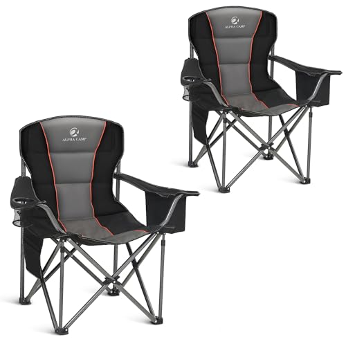 ALPHA CAMP Oversized Camping Folding Chair, Heavy Duty Support 450 LBS Steel Frame Collapsible Padded Arm Chair with Cup Holder Quad Lumbar Back, Portable for Outdoor