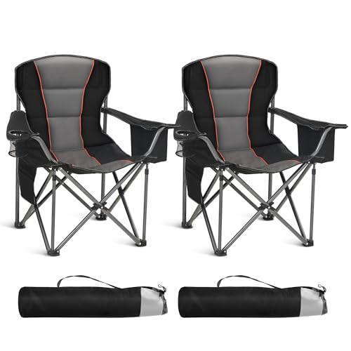 HIGH POINT SPORTS Oversized Camping Folding Chair, Heavy Duty Portable Lawn Chairs, Folding Chairs for Outside with Cup Holder and Cooler Bag for Camp, Travel, Support 450 LBS, 2 Pack, Black