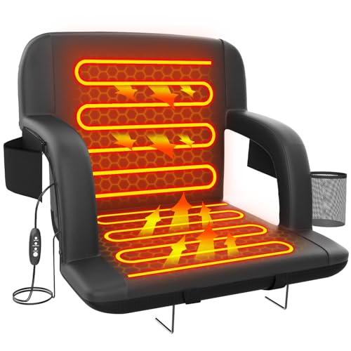 Suteck Dual-Side Heated Stadium Seat with Back Support, Wide Cushion, Foldable Bleacher Chair W/USB 3-Level Heating, 5 Storage Pockets  Portable Stadium Chair for Outdoor Bleachers Camping Games