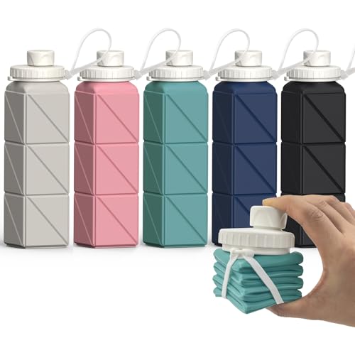 Collapsible Water Bottles 20.6oz, Silicone Foldable Portable Travel Water Bottle, Lightweight Reusable Leakproof for Traveling Hiking Sports, 5 Pack (Starlight+Pink+Blue+Dark Blue+Black)